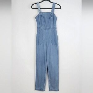 Japna Light Wash Denim Chambray Smocked Back Jumpsuit Small